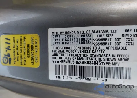 2011 Honda Odyssey Ex-L z USA, uszkodzony, nr VIN 5FNRL5H6XBB084045